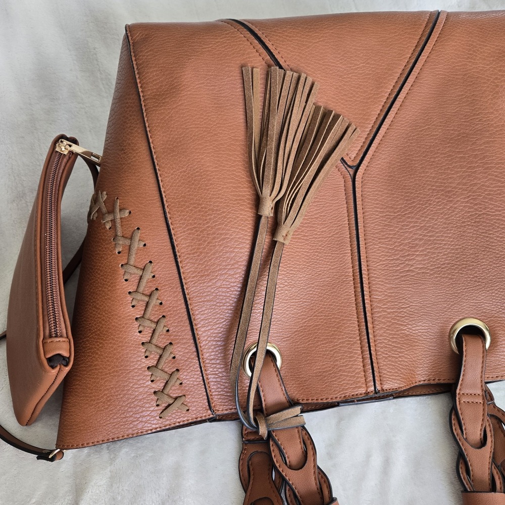 Boho Whipstitch Tassel Tote Camel‎ Pebbled Faux Leather Slouchy Western Chic Bag - Picture 9 of 16